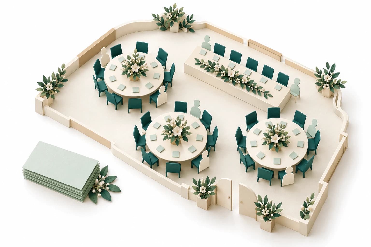 A paper model of a venue: three round tables and a long top table with green chairs and floral centrepieces, walls and doors around them, and a stack of printed plans beside it.